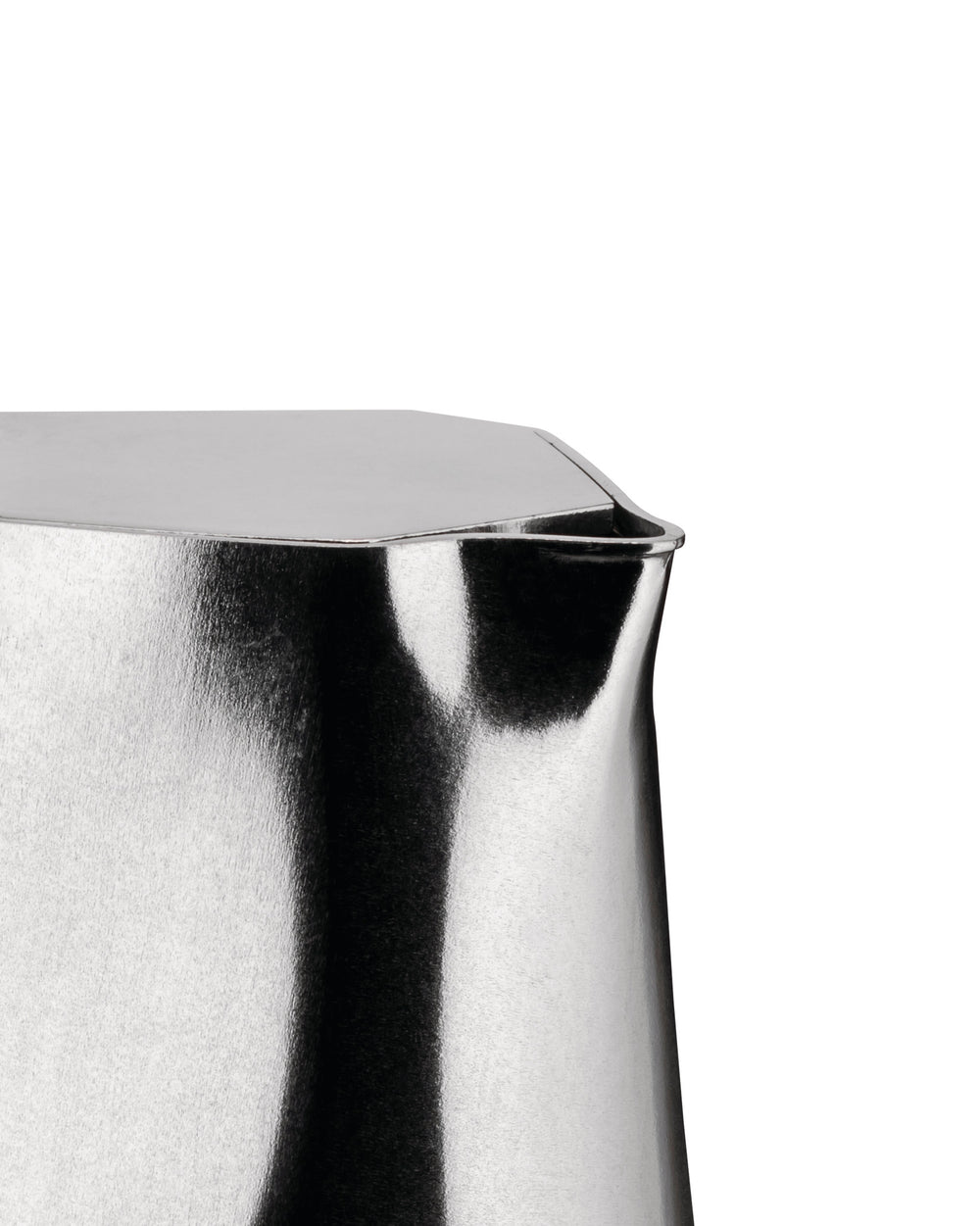 Silver metallic faceted coffee maker by Alessi, showing a close-up of the top with its pouring spout.