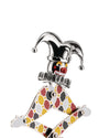 Chrome Jester figure with colorful harlequin body by Alessi, featuring a clown face and articulated limbs.