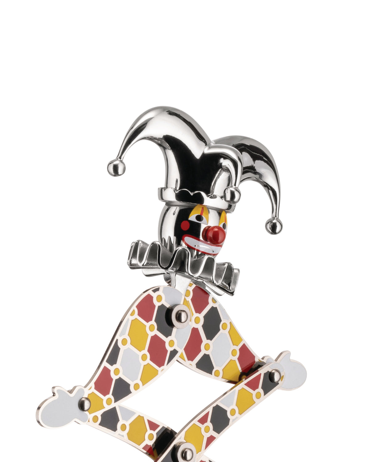 Chrome Jester figure with colorful harlequin body by Alessi, featuring a clown face and articulated limbs.