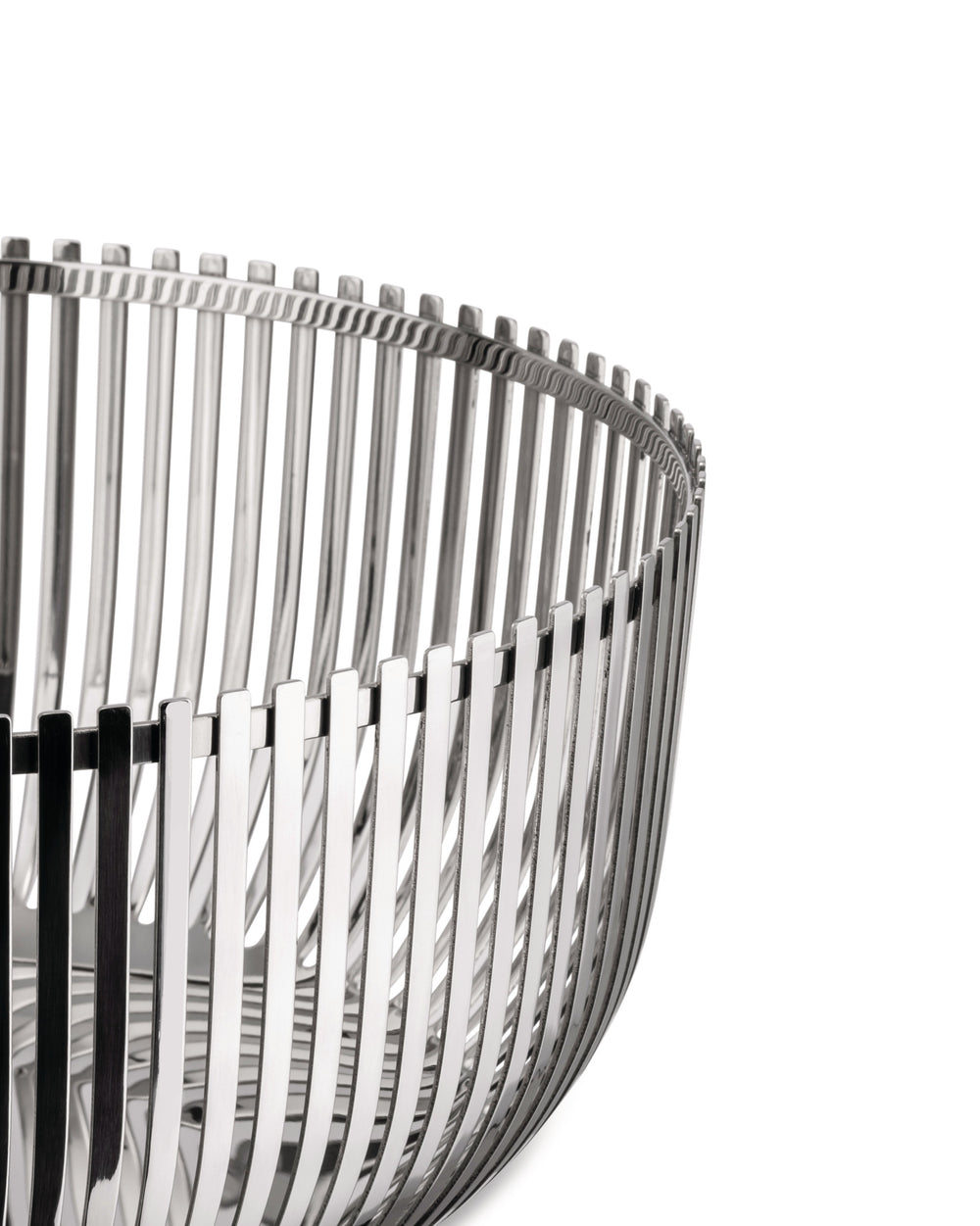 Silver-toned metal PCH05 bowl by Alessi, featuring a modern open slat design.