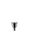 Polished stainless steel shot cup by Alessi, with a wide U-shaped bowl and a narrow cylindrical stem.