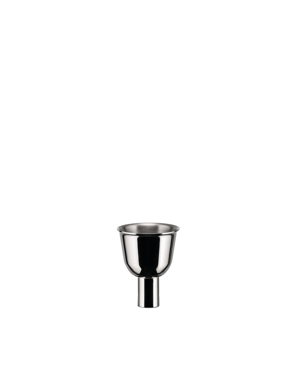 Polished stainless steel shot cup by Alessi, with a wide U-shaped bowl and a narrow cylindrical stem.