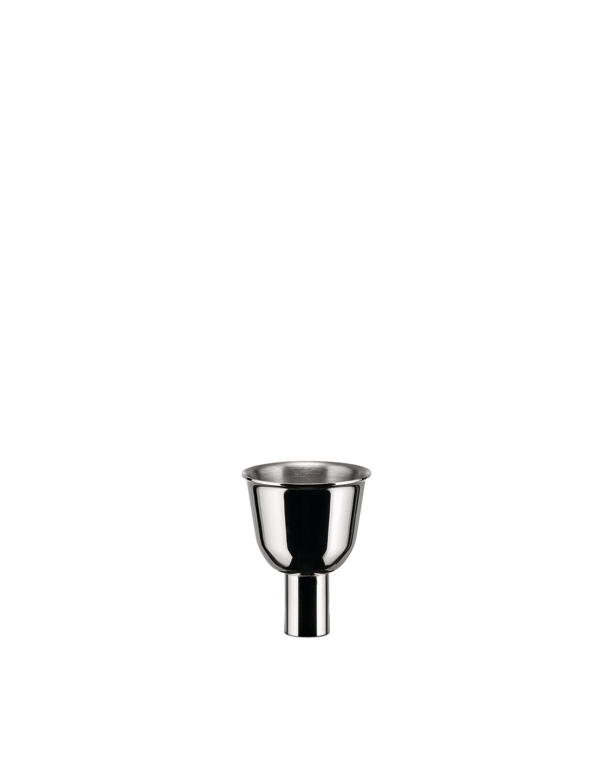 Polished stainless steel shot cup by Alessi, with a wide U-shaped bowl and a narrow cylindrical stem.