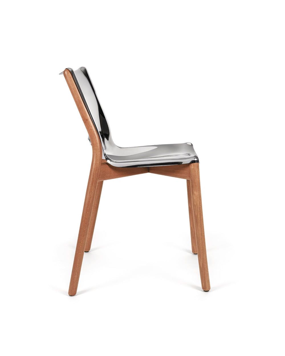Modern chair with a shiny silver seat and wooden frame by Alessi, captured from a side view.