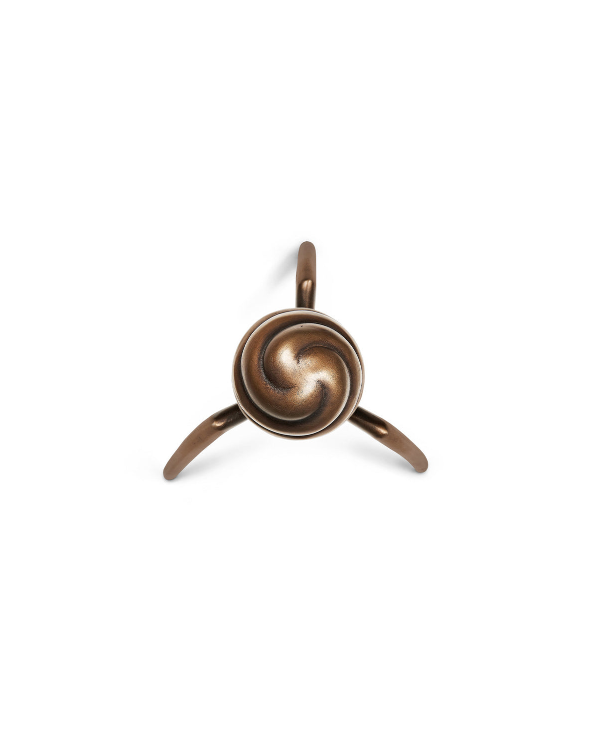 Bronze metallic juicer by Alessi with a spiral design and three tapered legs, viewed from above.