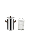 A stainless steel pasta pot set with a lid and wire insert by Alessi, featuring dark brown handles and knob, on a white background.