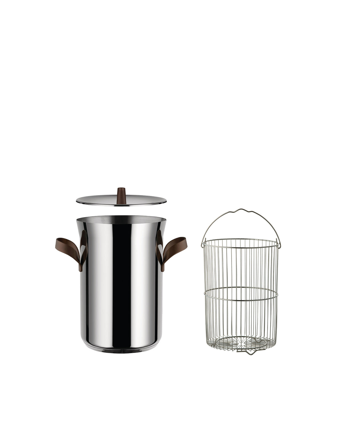 A stainless steel pasta pot set with a lid and wire insert by Alessi, featuring dark brown handles and knob, on a white background.