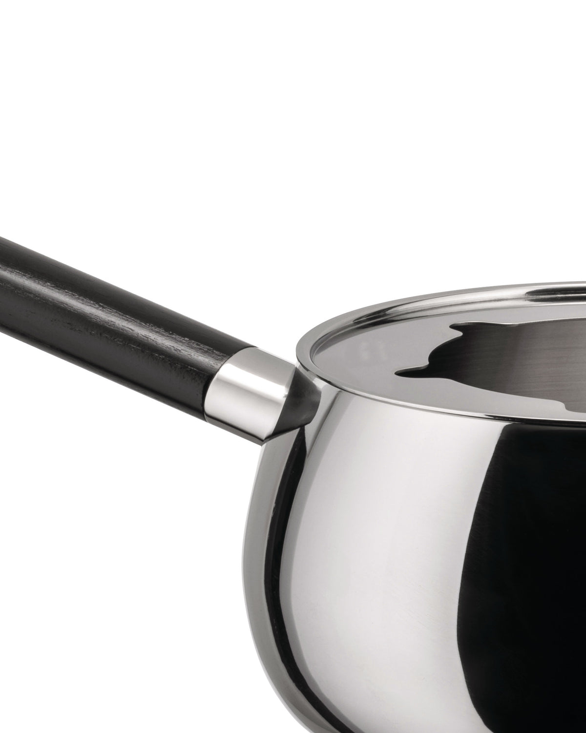 Shiny stainless steel saucepan by Alessi with a black handle and distinct lid design, angled view.