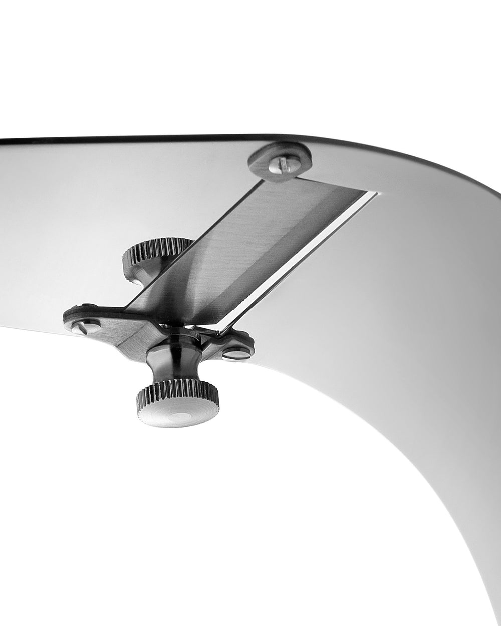 Brushed metal mandoline slicer by Alessi, featuring a sharp blade and two textured adjustment knobs.
