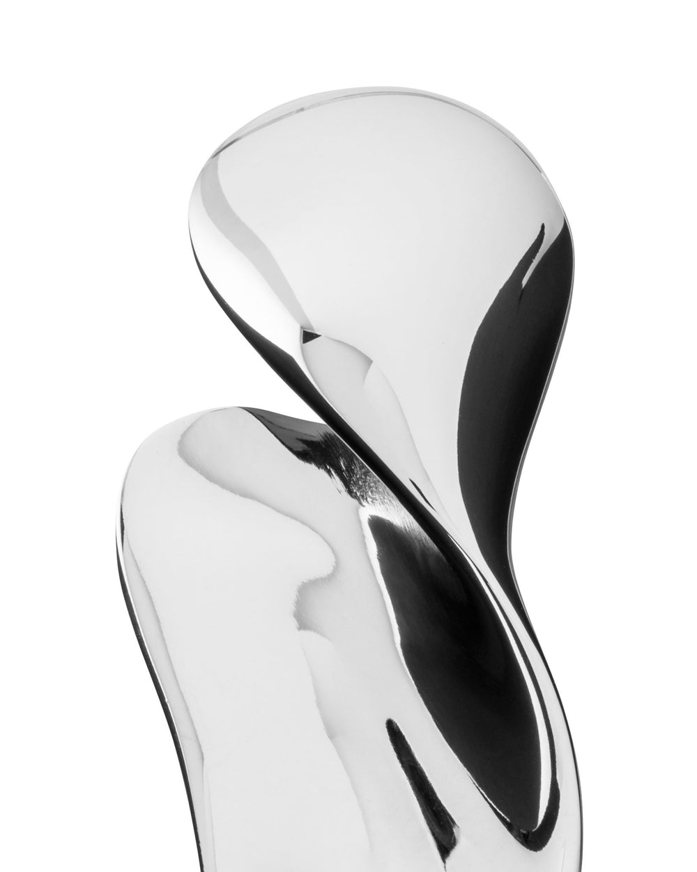 Silver metal Bulla bottle opener by Alessi with a fluid, sculptural, highly reflective design on a white background.