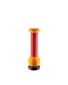 Glossy orange and red pestle by Alessi, featuring a round top, cylindrical body, and a spherical base on black.