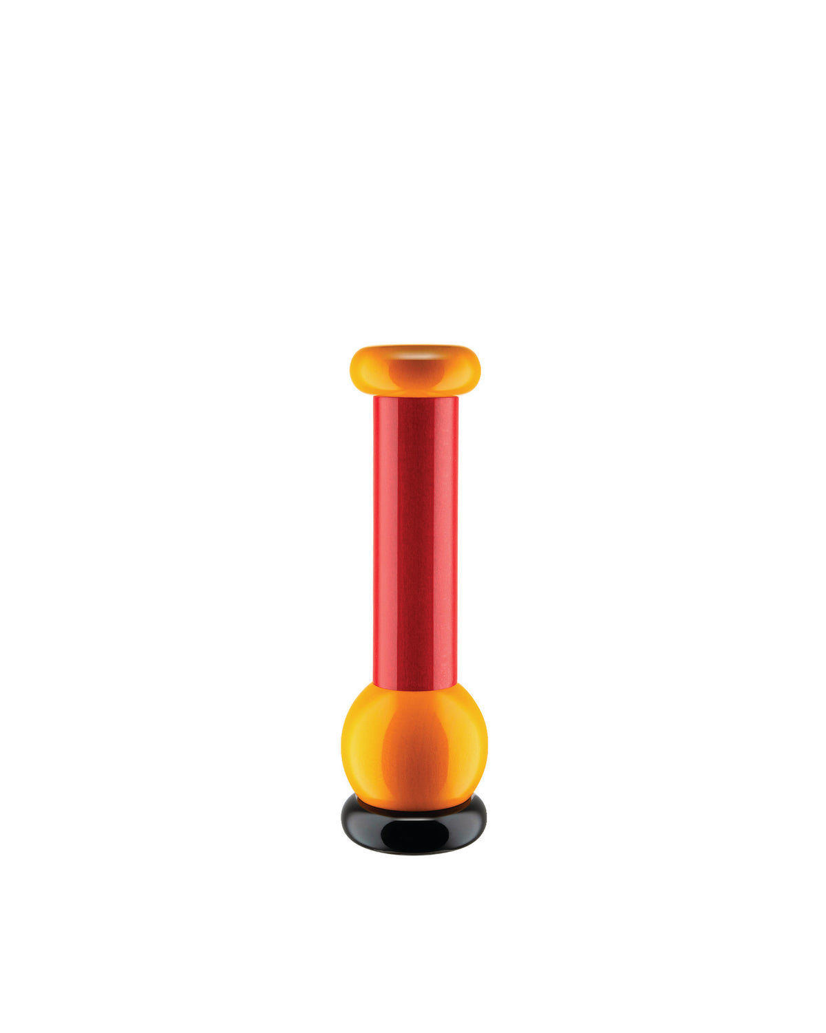 Glossy orange and red pestle by Alessi, featuring a round top, cylindrical body, and a spherical base on black.