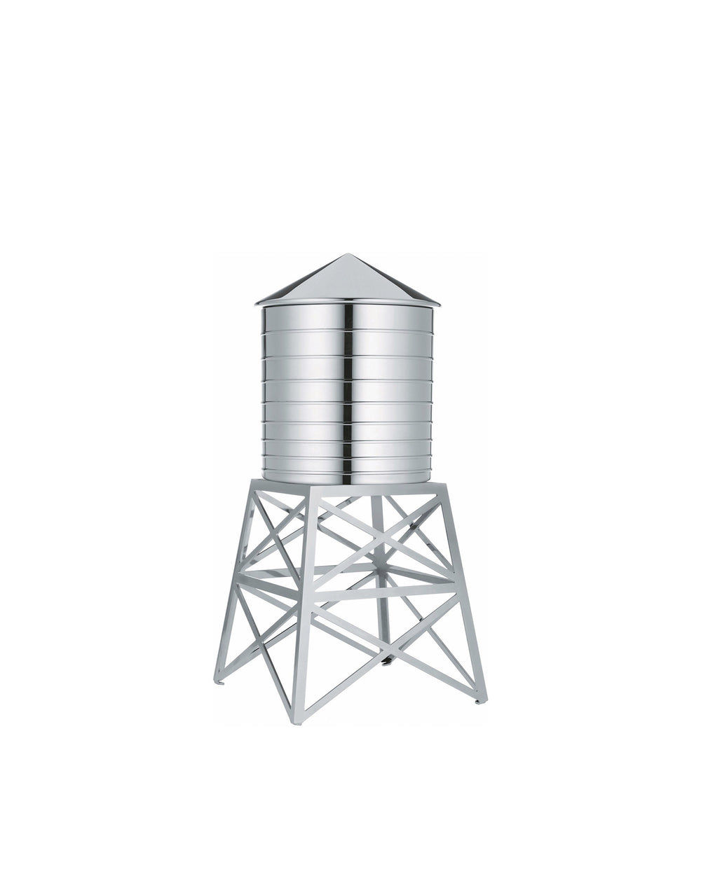 Shiny silver water tower by Alessi, with a banded cylindrical tank, pointed roof, and geometric truss base.