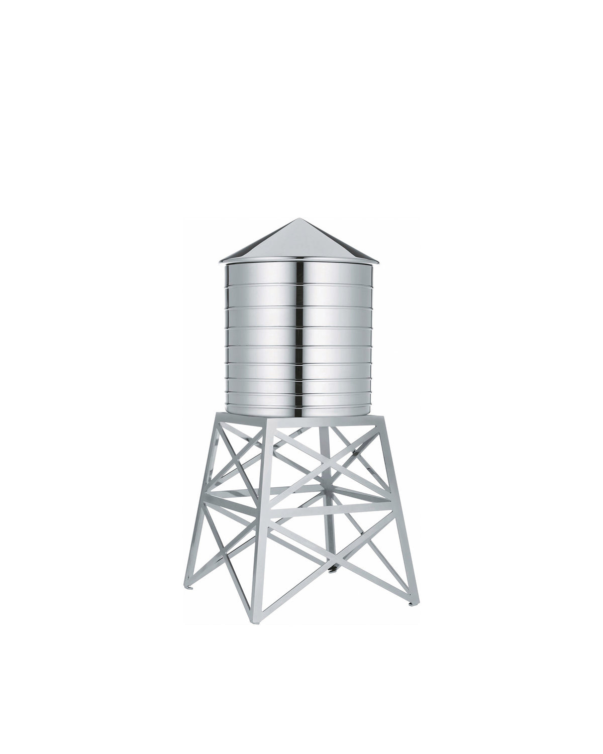 Shiny silver water tower by Alessi, with a banded cylindrical tank, pointed roof, and geometric truss base.