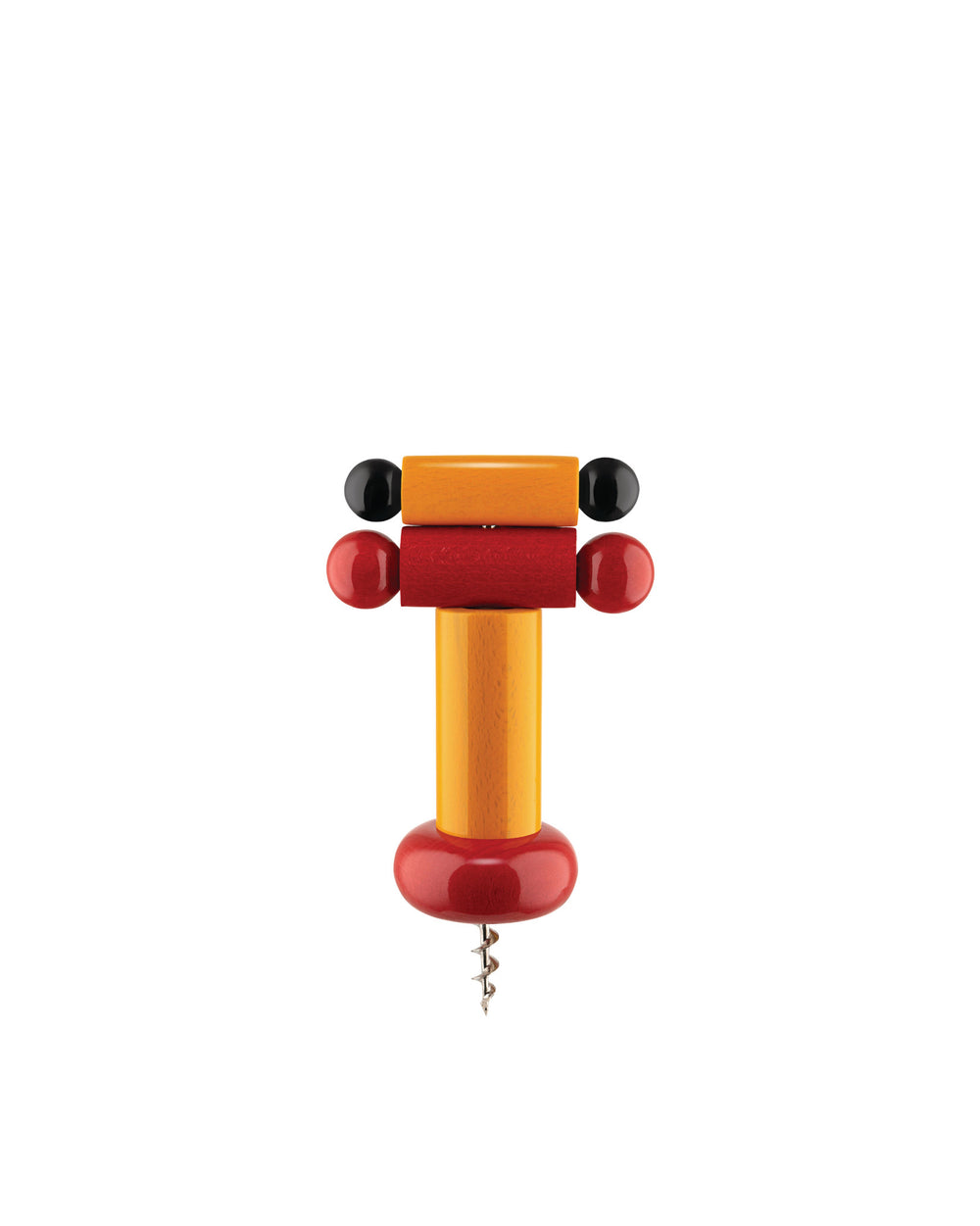 Wooden corkscrew by Alessi with red, orange, and black stacked blocks forming an abstract figure with a metal screw.