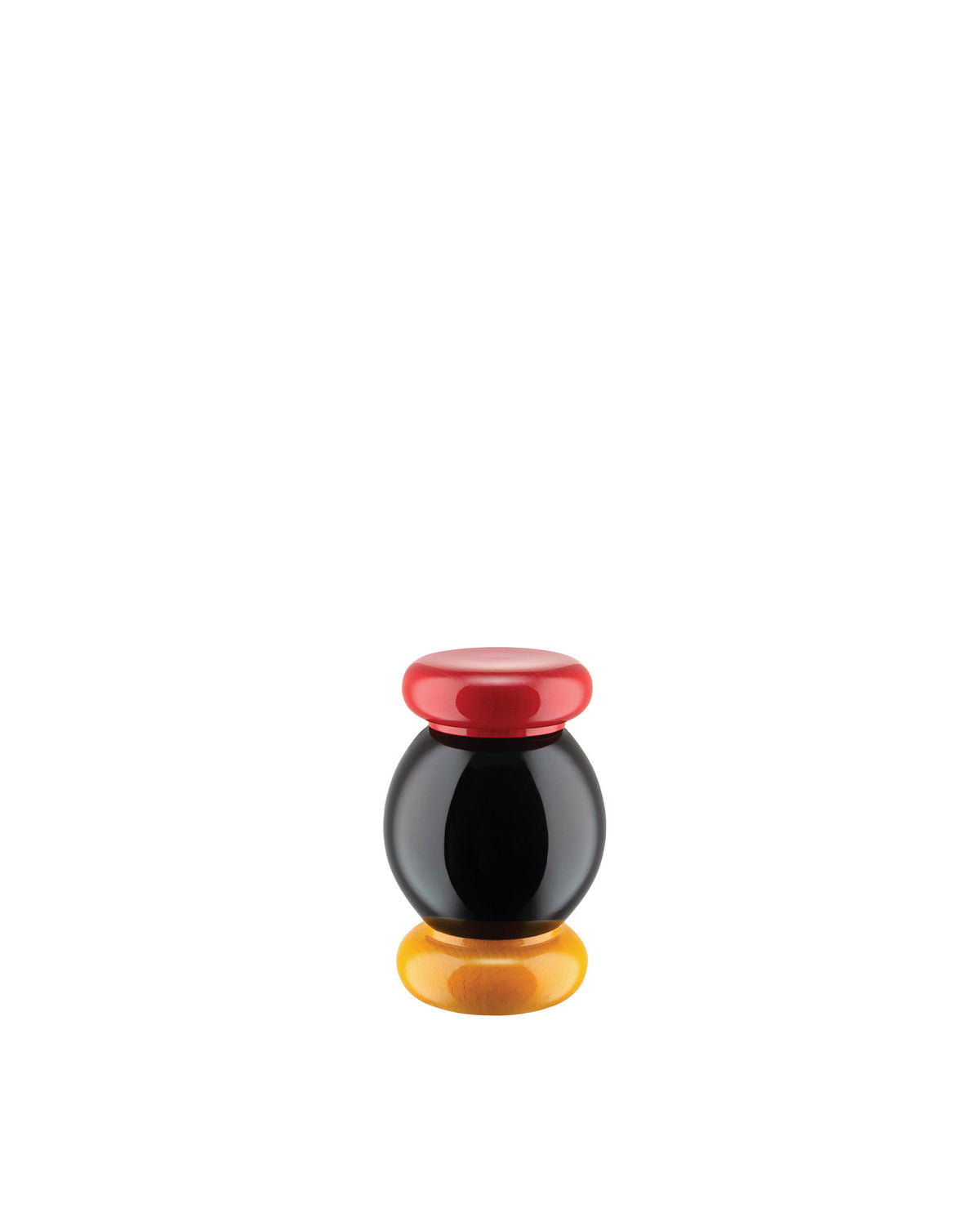 Glossy red, black, and wood-toned stacked decorative object by Alessi, featuring a round top, spherical middle, and flat base.