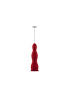 Red handheld milk frother by Alessi, with a ridged, hourglass-shaped body and metal whisk.