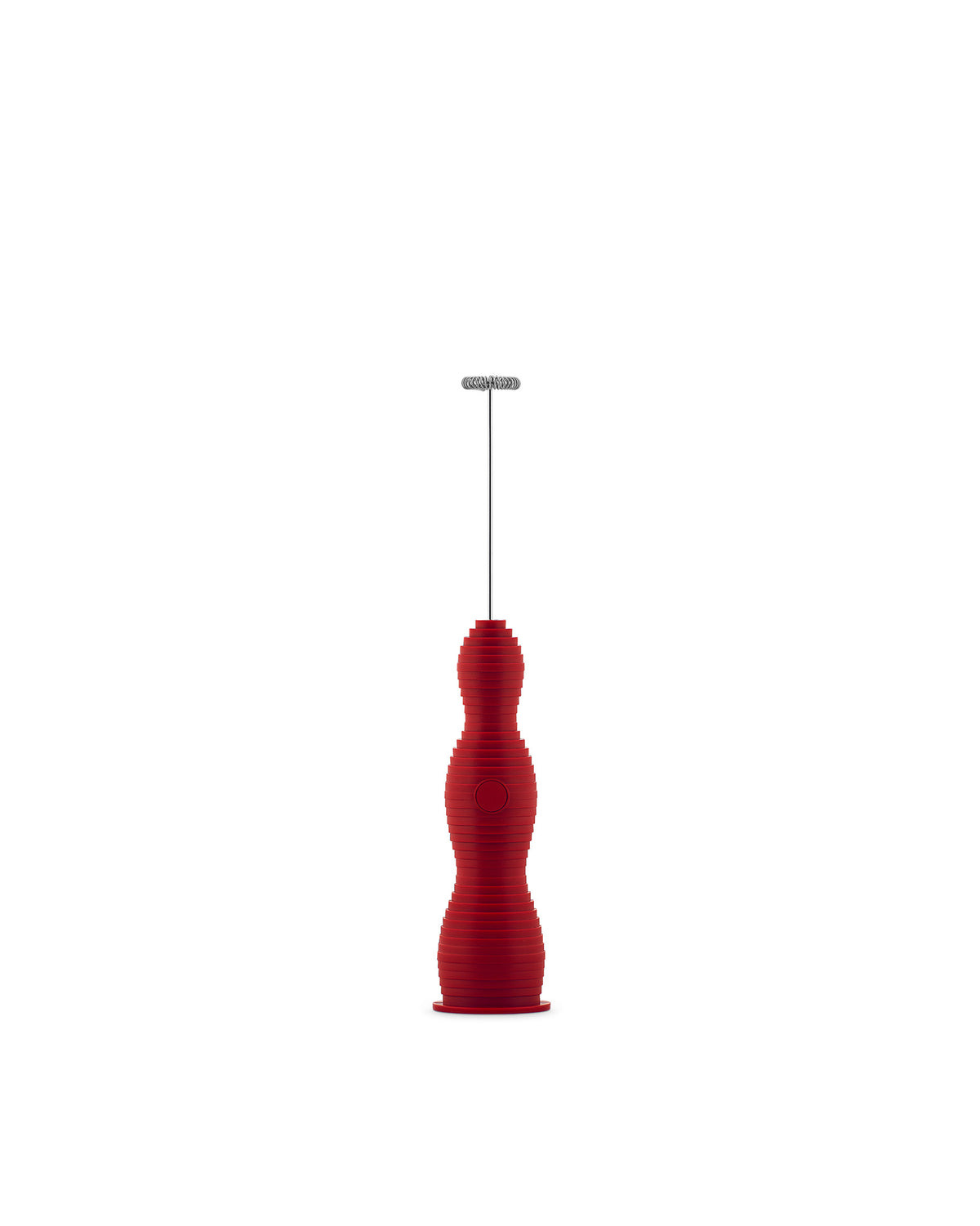 Red handheld milk frother by Alessi, with a ridged, hourglass-shaped body and metal whisk.