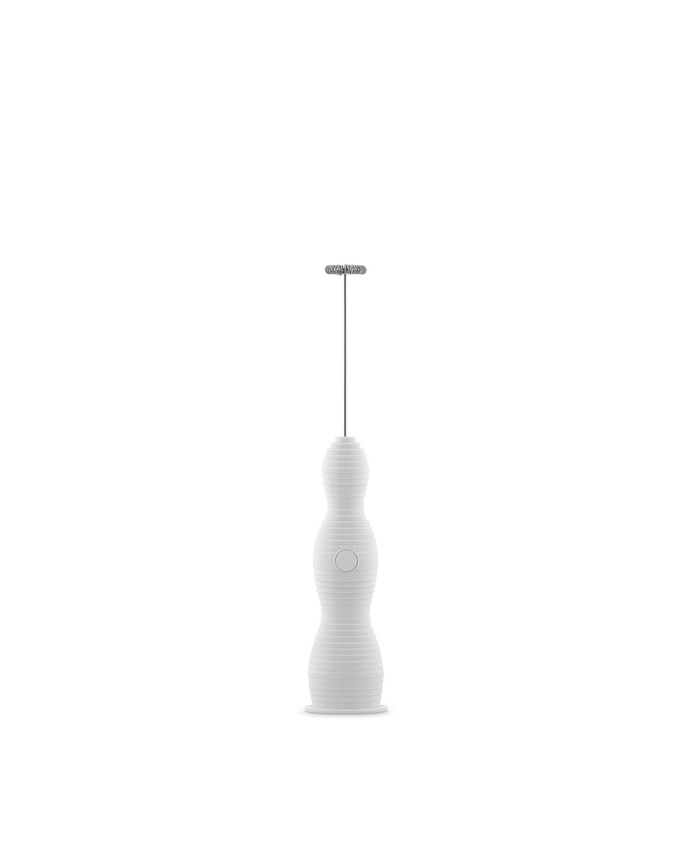 White electric milk frother by Alessi, with a sculpted, ribbed body and circular button, front view.