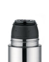 Silver stainless steel thermos by Alessi with a black textured cap, close-up view.