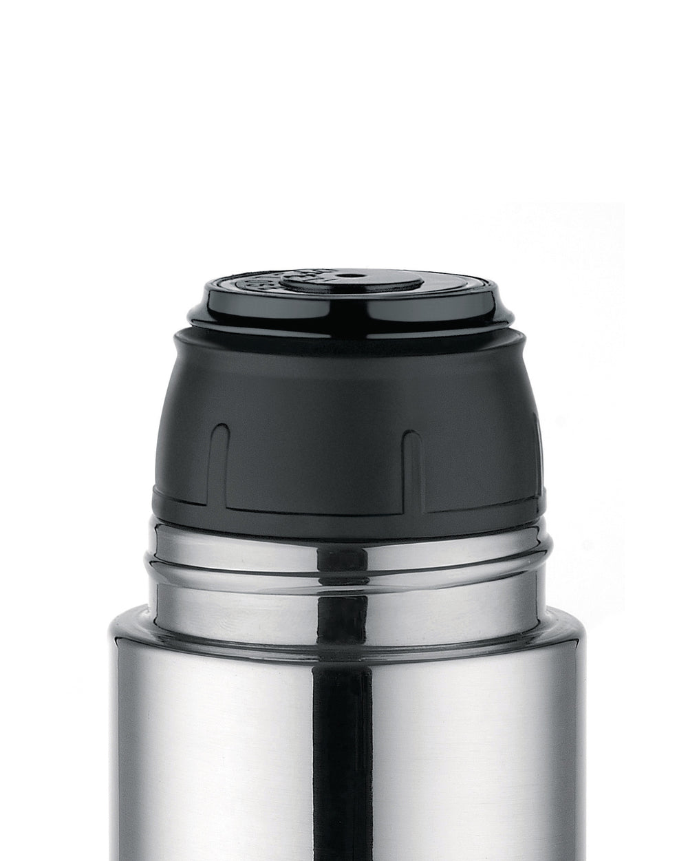 Silver stainless steel thermos by Alessi with a black textured cap, close-up view.