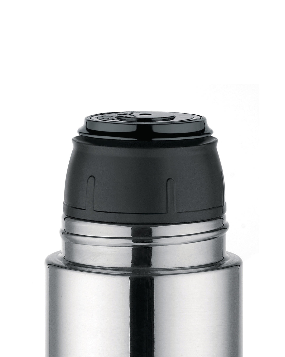 Silver stainless steel thermos by Alessi with a black textured cap, close-up view.