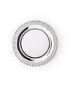 Round silver serving tray by Alessi with a shiny finish and ribbed edge.