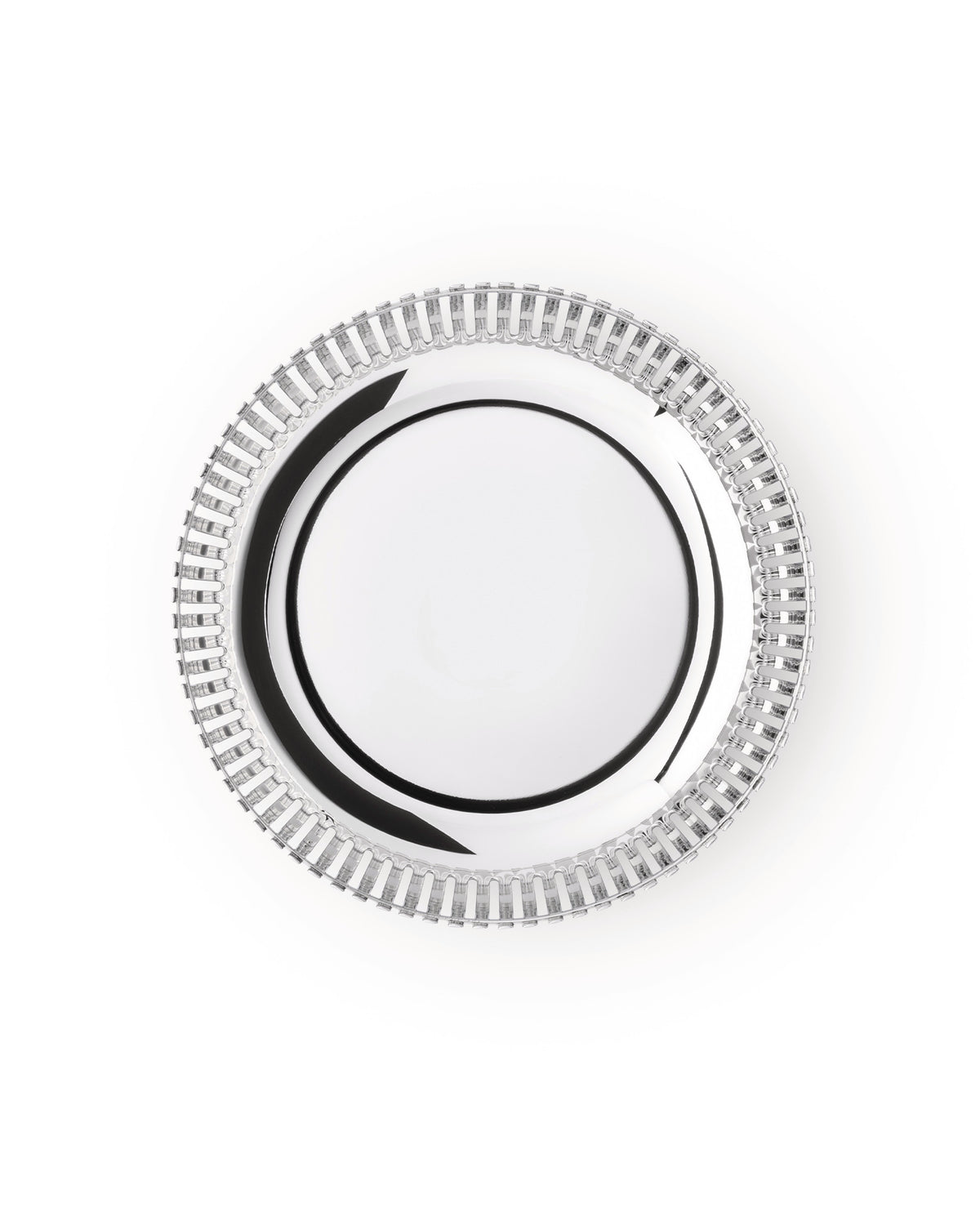 Round silver serving tray by Alessi with a shiny finish and ribbed edge.