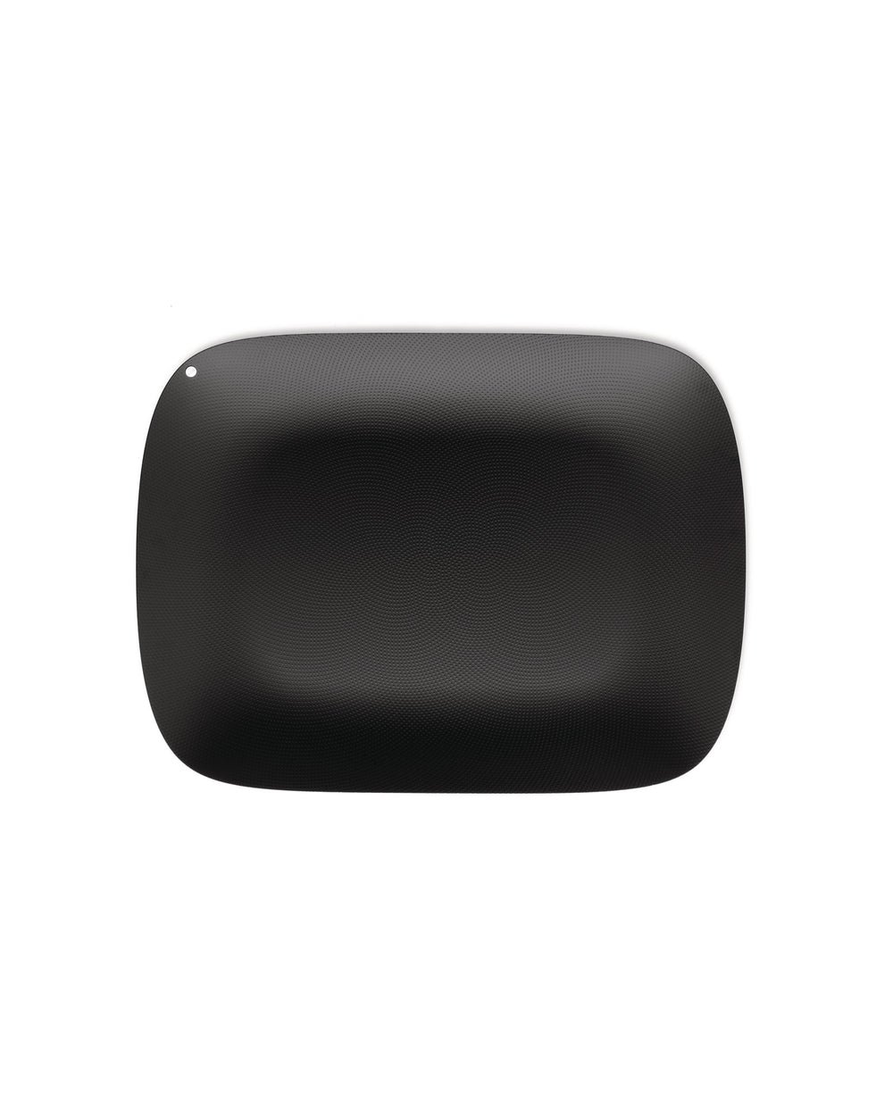 Black textured mat by Alessi with rounded corners and a fine perforated moiré pattern, featuring a small hole.