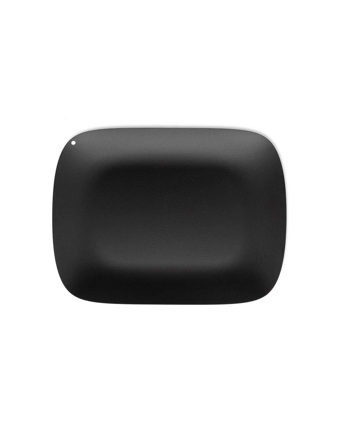 Black textured mat by Alessi with rounded corners and a fine perforated moiré pattern, featuring a small hole.