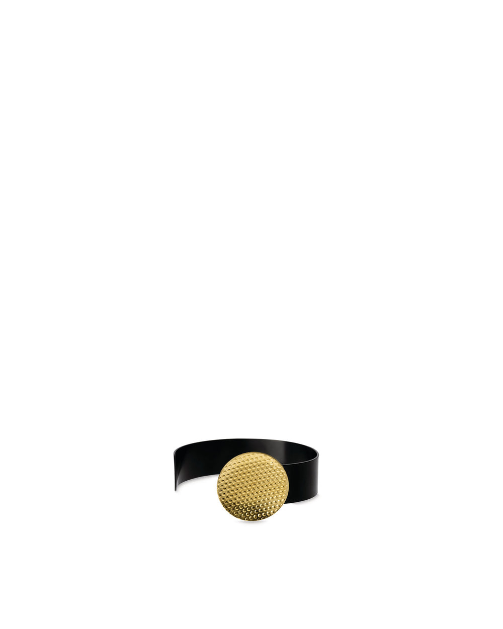 Black napkin ring by Alessi with a textured gold dimpled disc detail.