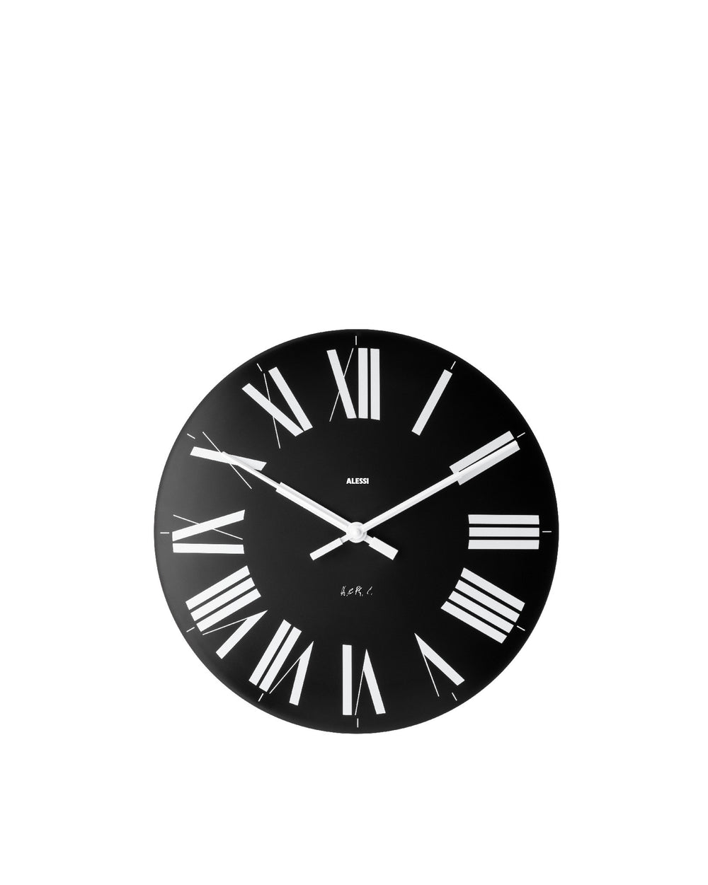 Black round wall clock by Alessi, featuring white Roman numerals, white hands, and visible Alessi branding.