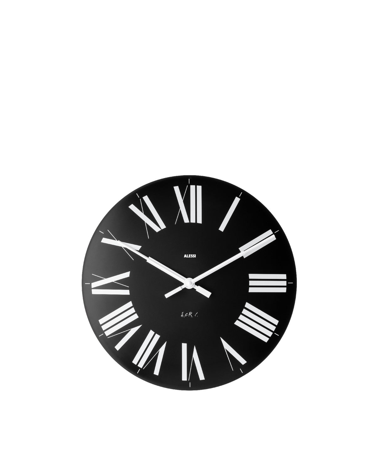 Black round wall clock by Alessi, featuring white Roman numerals, white hands, and visible Alessi branding.