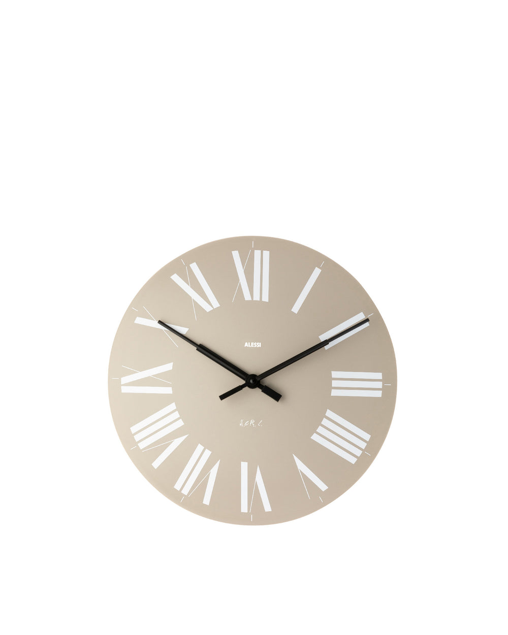 Taupe round wall clock by Alessi with white Roman numerals, black hands, and Alessi logo.