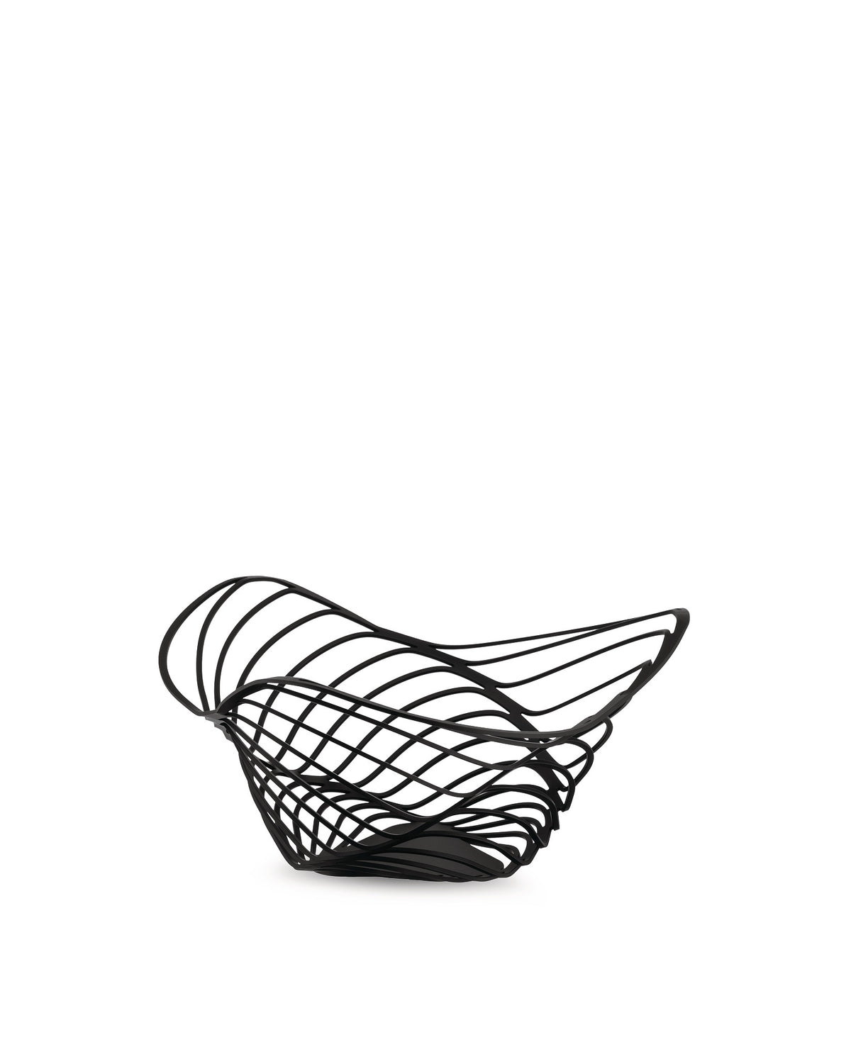 Black wire fruit bowl by Alessi featuring an intricate, wavy open-lattice design.