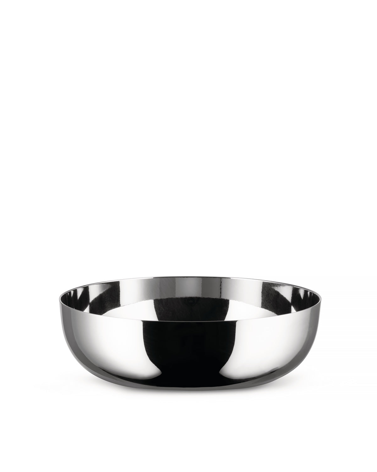 Polished silver metal bowl by Alessi with a sleek, highly reflective surface.