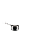 Stainless steel saucepan by Alessi, with a shiny, polished finish and a sleek, rounded body.