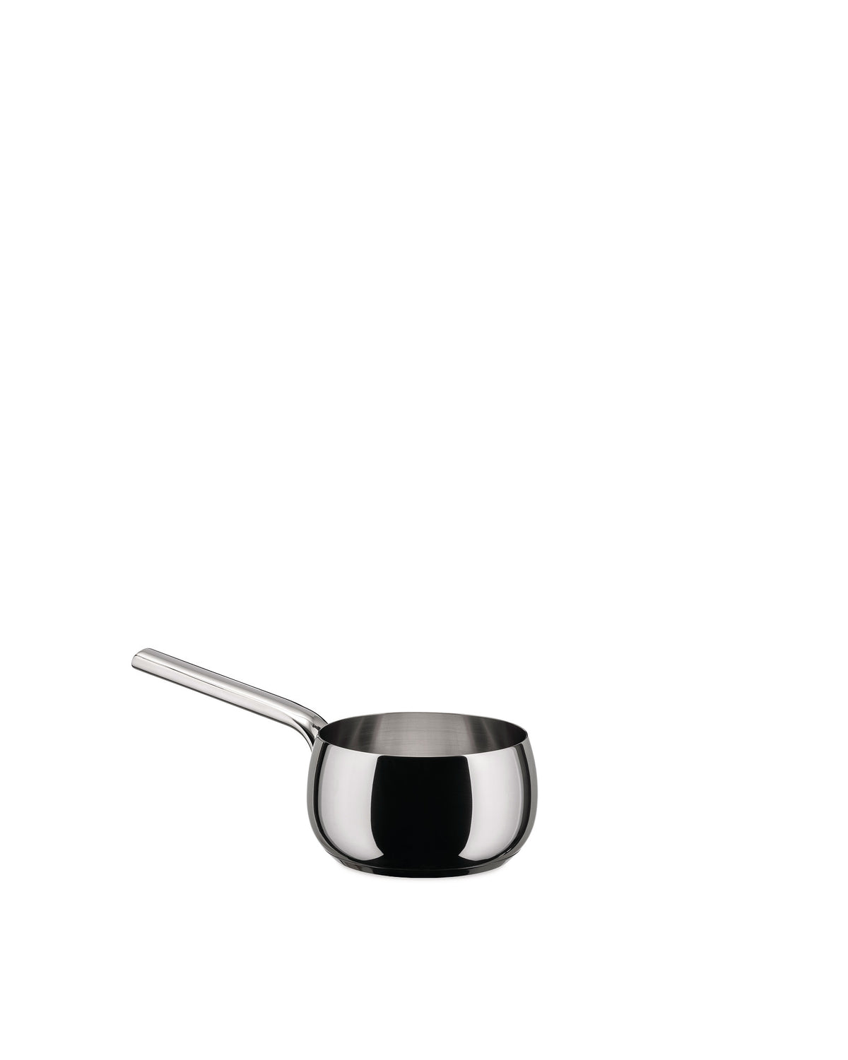 Stainless steel saucepan by Alessi, with a shiny, polished finish and a sleek, rounded body.