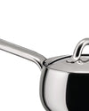 Silver stainless steel saucepan by Alessi with a shiny finish, handle, and lid, in a cropped view.