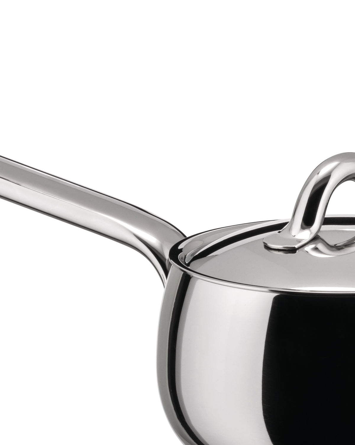 Silver stainless steel saucepan by Alessi with a shiny finish, handle, and lid, in a cropped view.