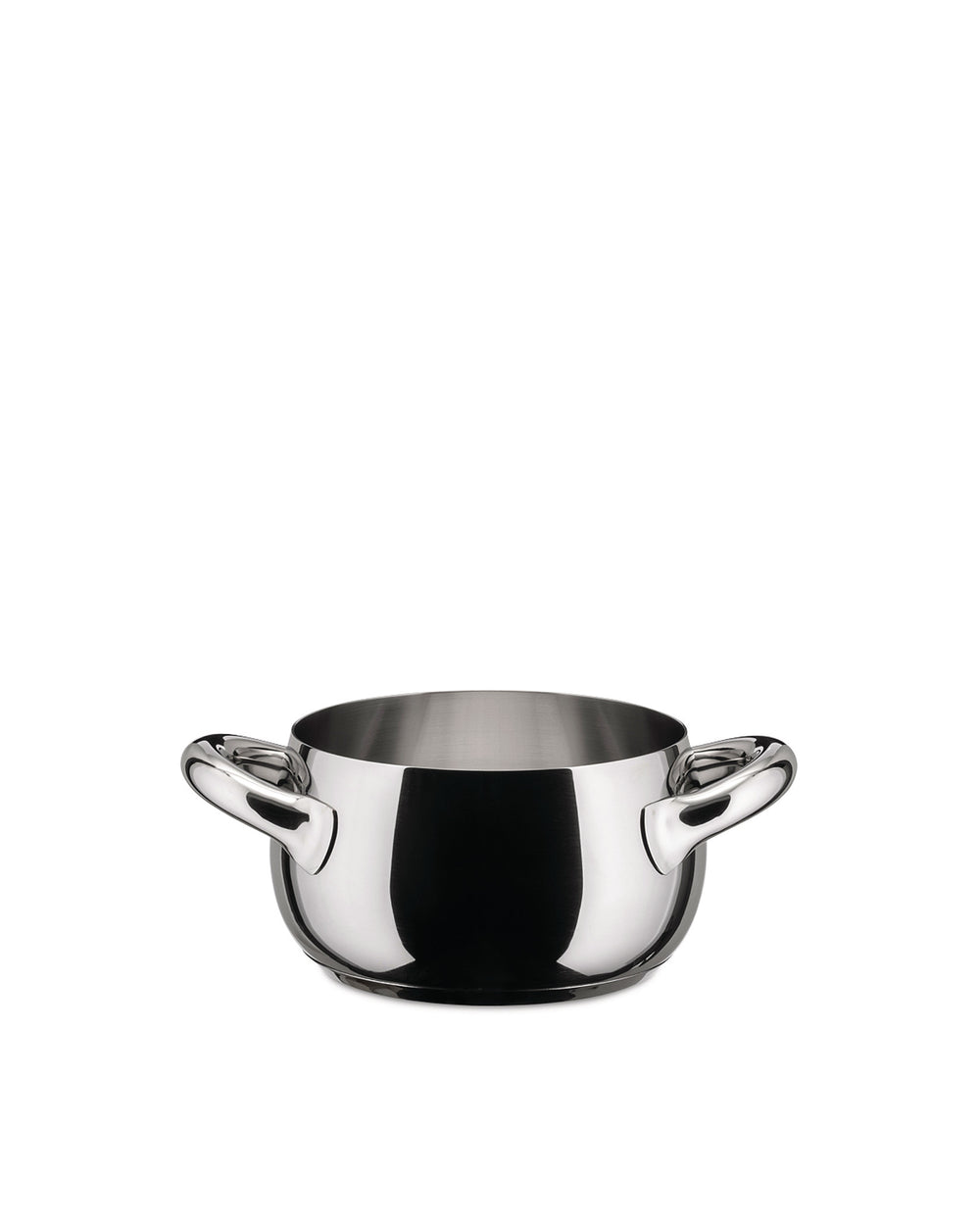 Silver stainless steel saucepan by Alessi with a polished finish and two short loop handles.