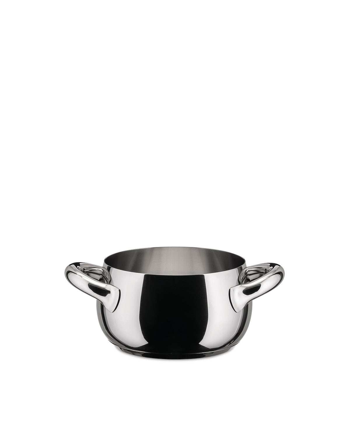 Silver stainless steel saucepan by Alessi with a polished finish and two short loop handles.