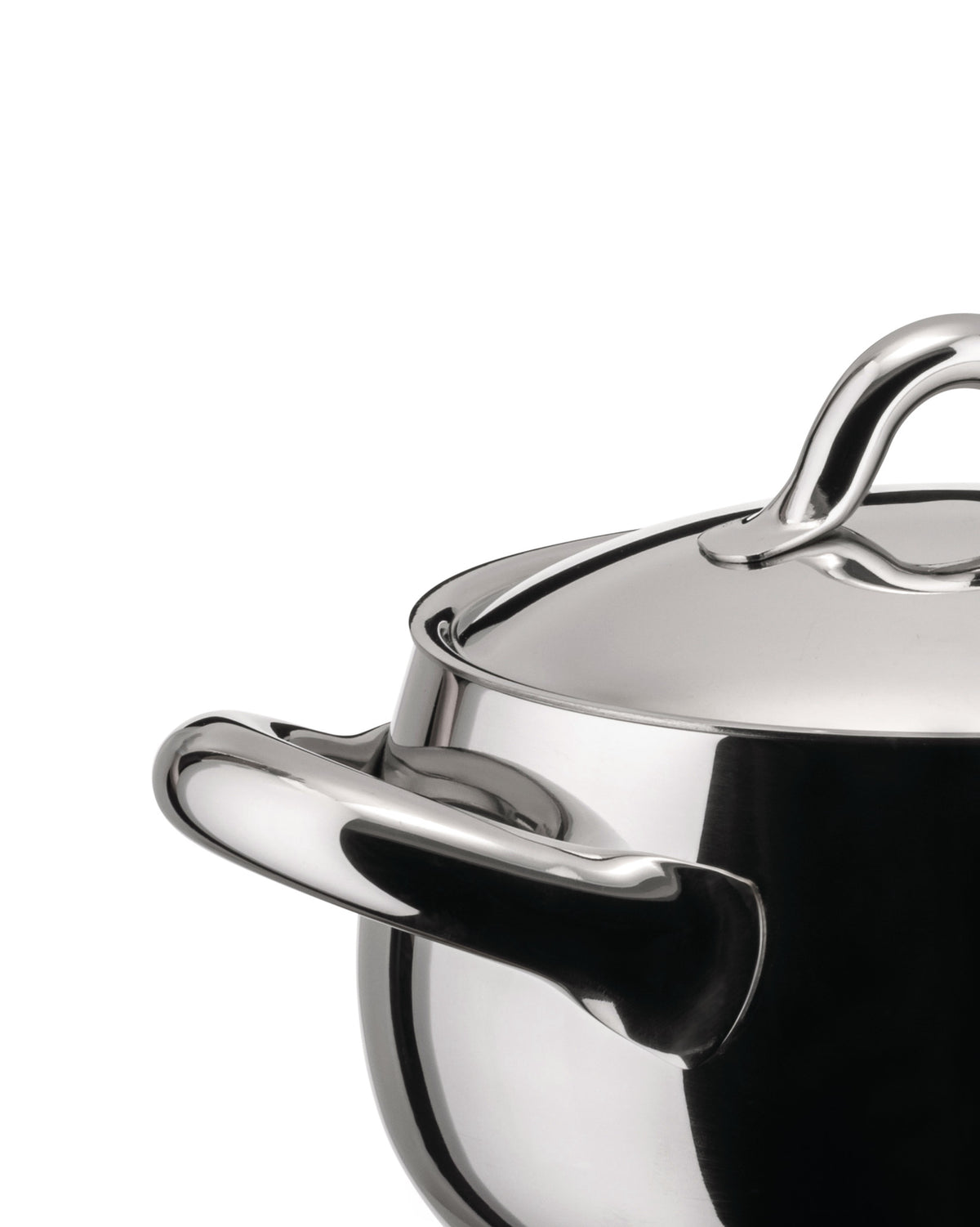 Shiny stainless steel pot by Alessi with integrated handles, shown in a cropped close-up.