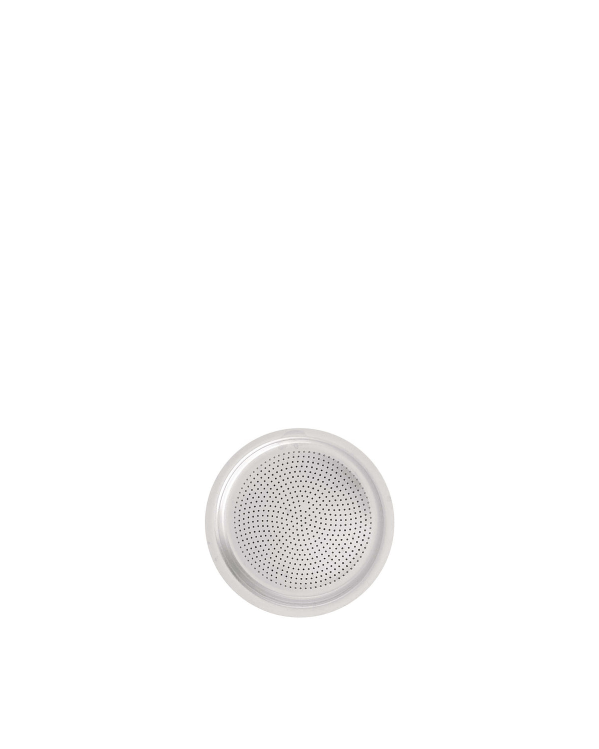 A silver circular perforated metal filter part by Alessi, detailed with many small holes.