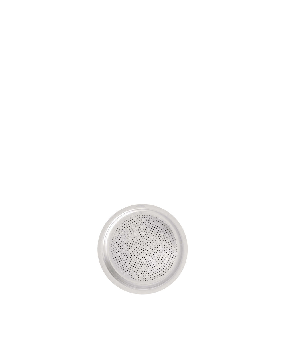 Circular silver-toned metal filter by Alessi with numerous small perforations, top-down view.