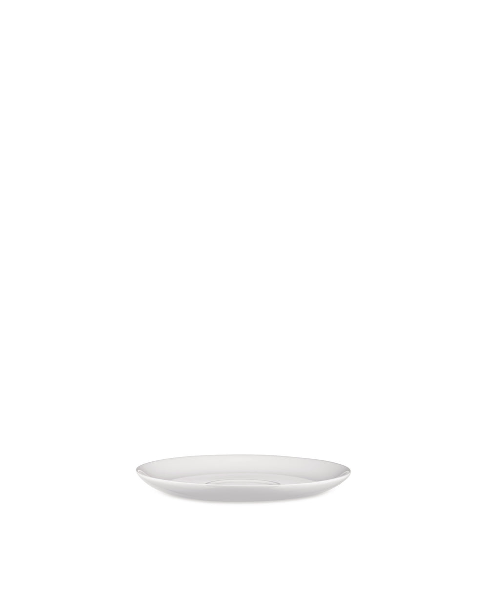 White saucer by Alessi, a simple, round design with a slight rim, shown from a straight-on side view.