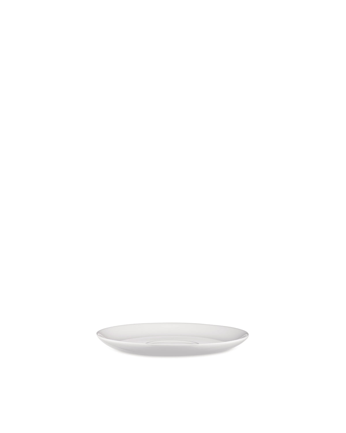 White saucer by Alessi, a simple, round design with a slight rim, shown from a straight-on side view.