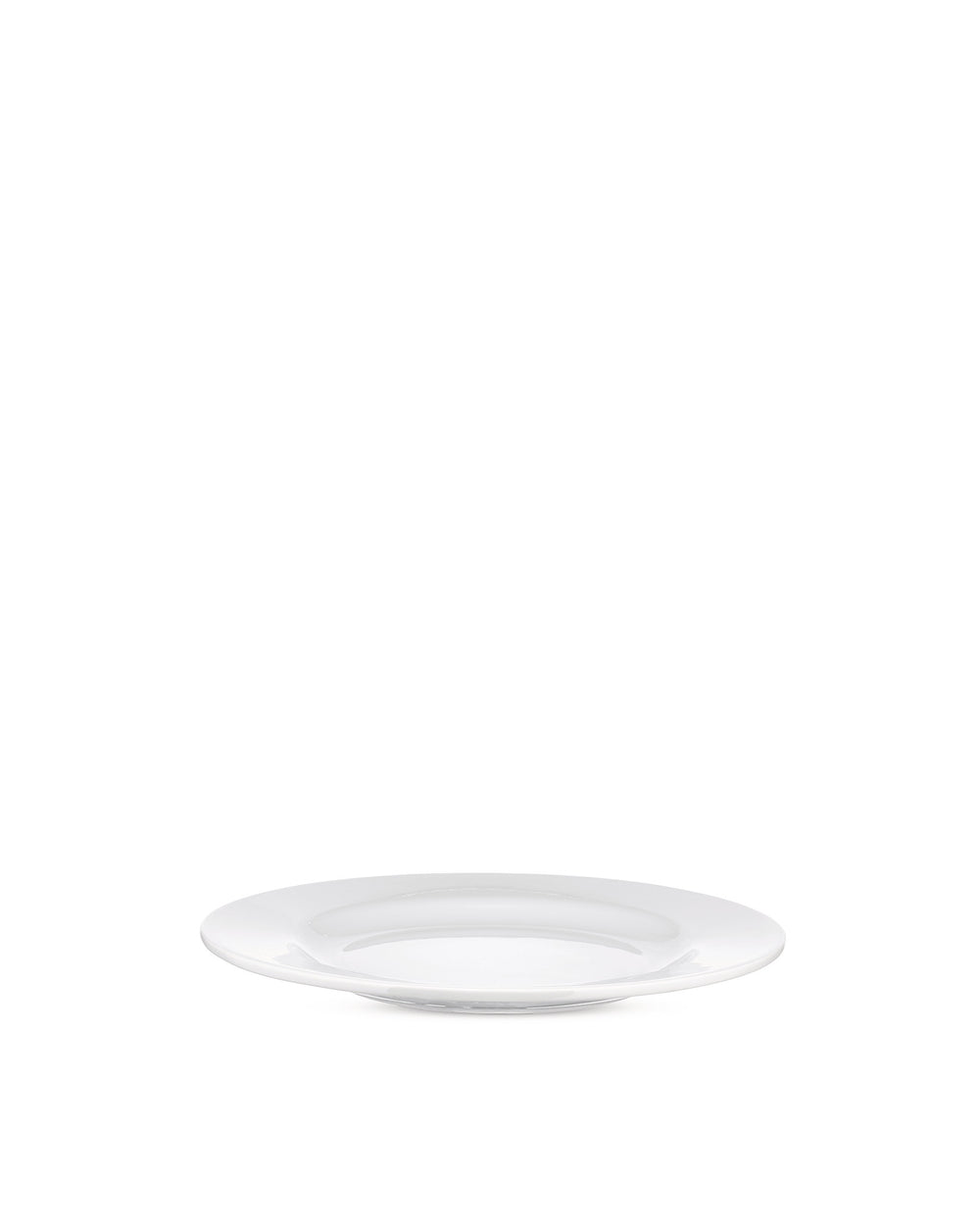 White ceramic plate by Alessi, round with a subtle rim, shown from an angled side view.