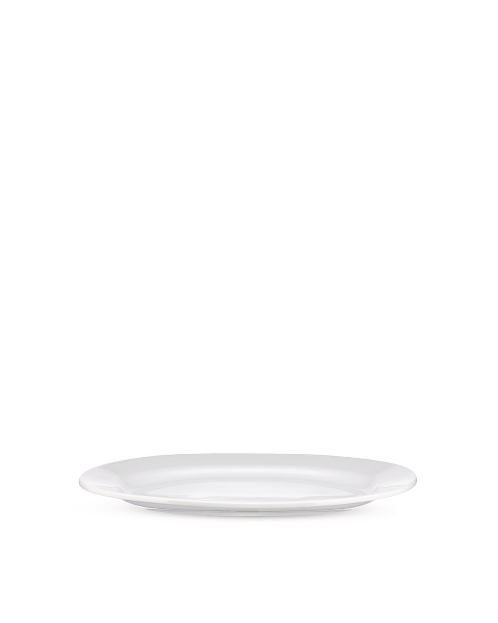 White oval plate by Alessi with a subtle raised rim, shown at a low angle.