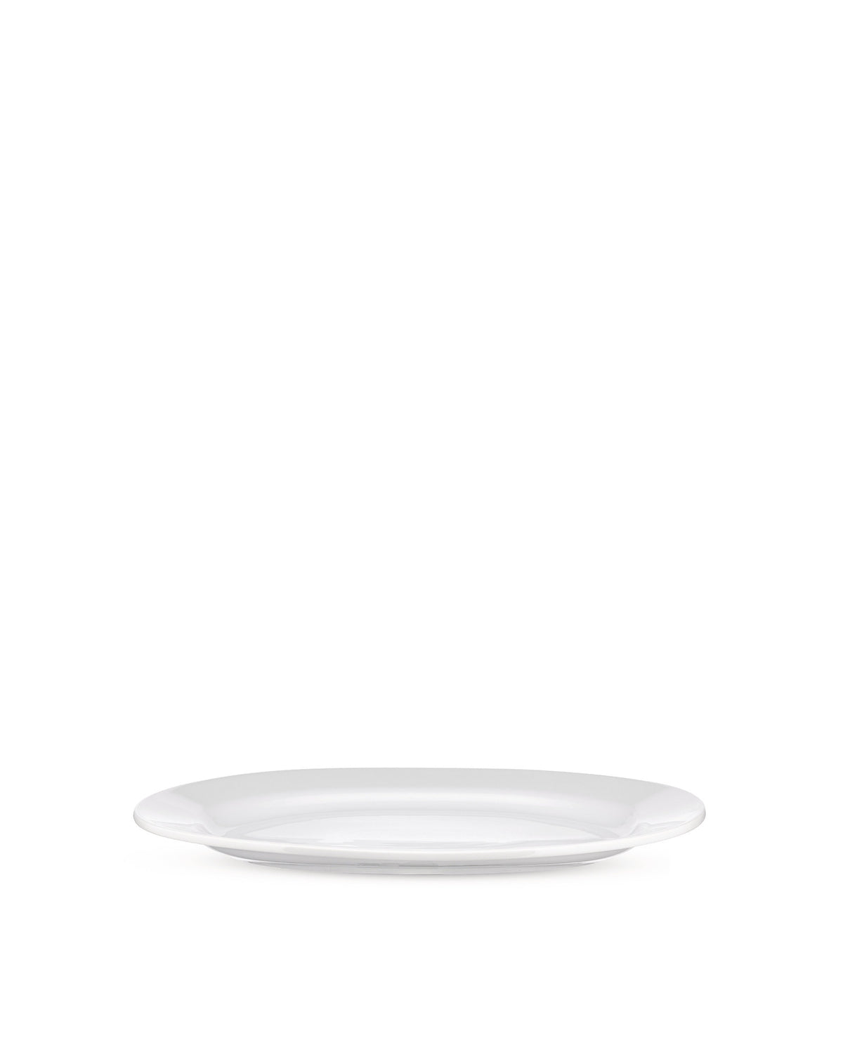 White oval plate by Alessi with a subtle raised rim, shown at a low angle.